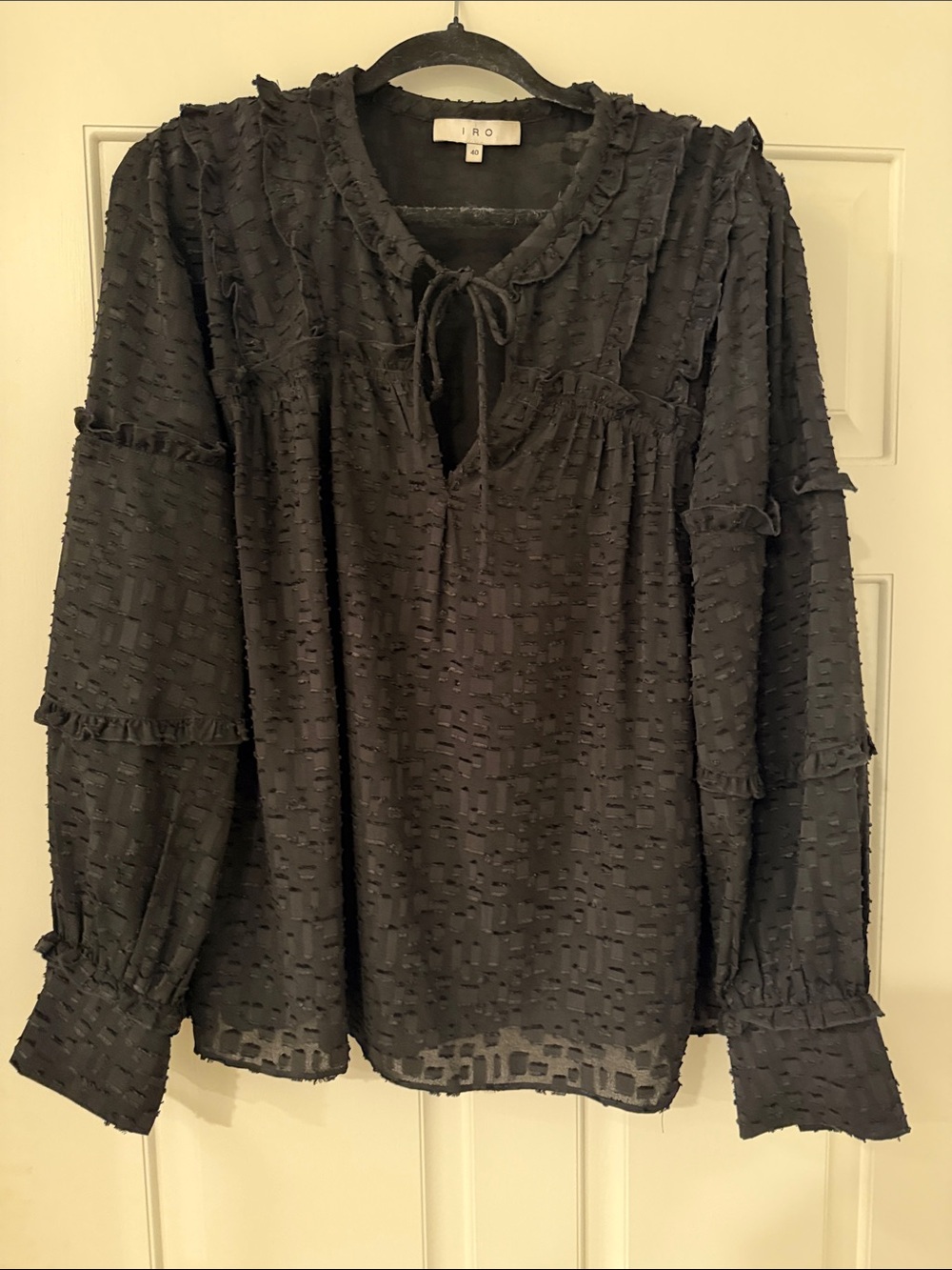 IRO Black Textured Tie-Front Peasant Blouse